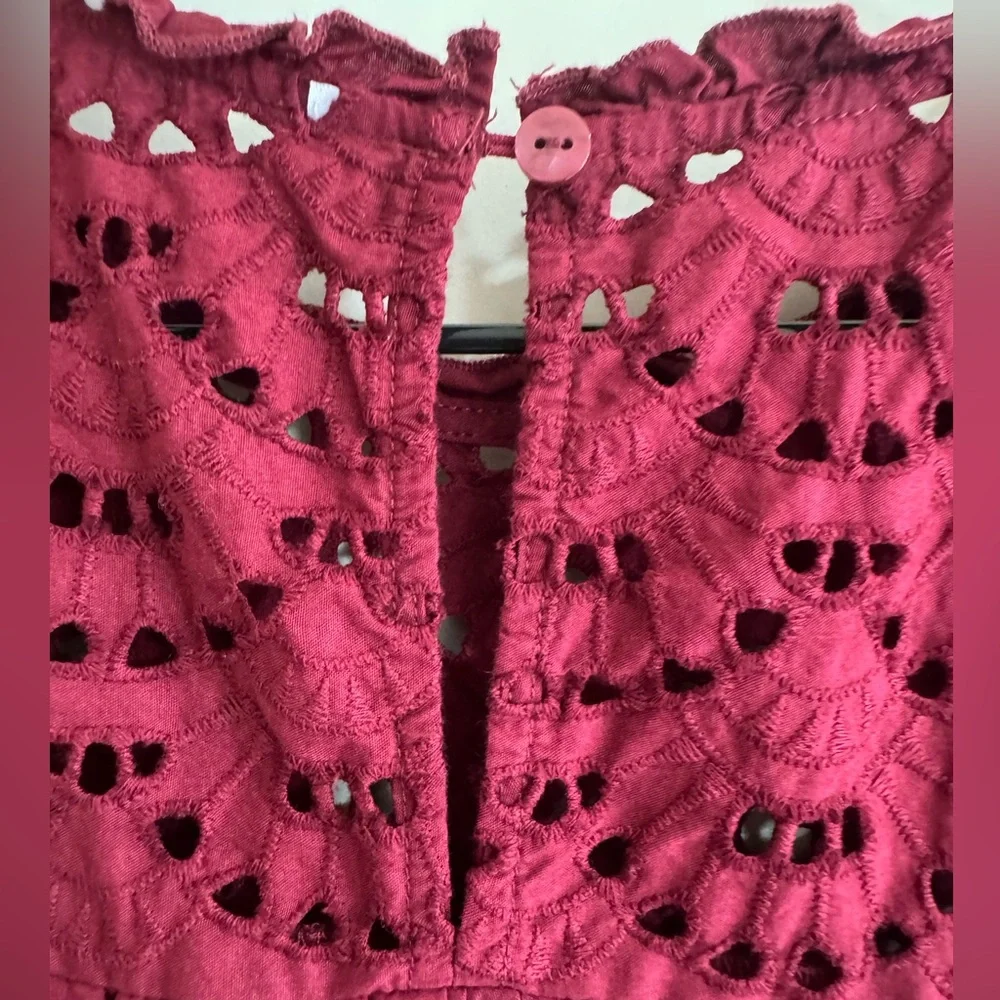 Wine Red Eyelet Mini Dress L Boho Scalloped Hem Embroidered Summer - Picture 3 of 7
